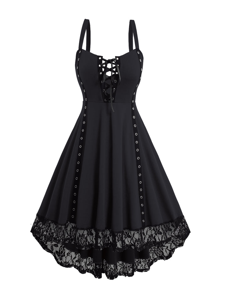 Lace Up Grommet Straps Lace Hem High Low Dress