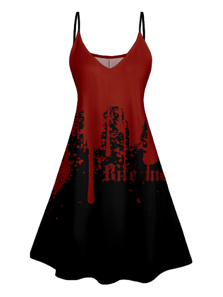 Bleeding Letters  Print V Neck High Waist Spaghetti Strap Dress