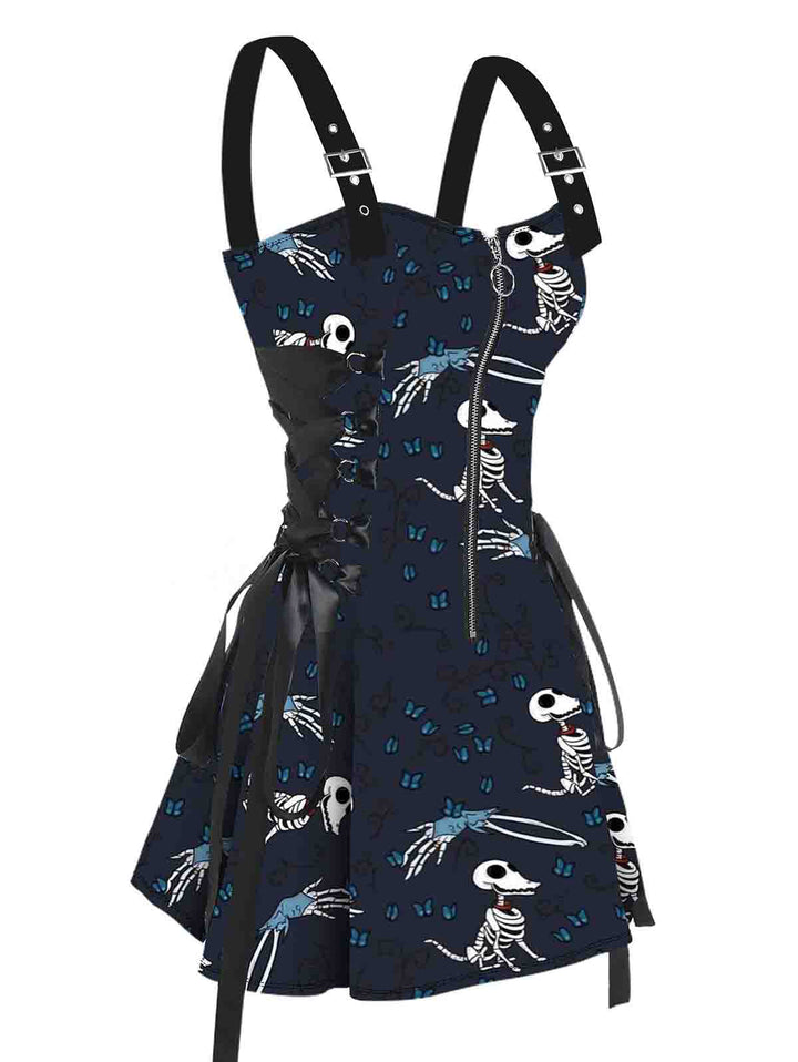 Butterfly Dinosaur Skeleton Print Lace Up Mini Dress