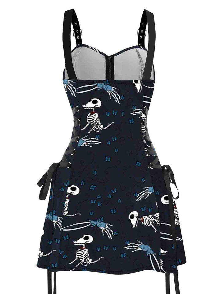 Butterfly Dinosaur Skeleton Print Lace Up Mini Dress