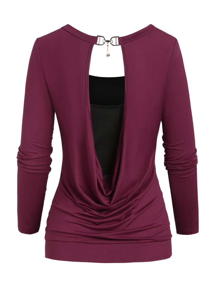 Solid Crop Top and Open Back Long Sleeve Tee Suit