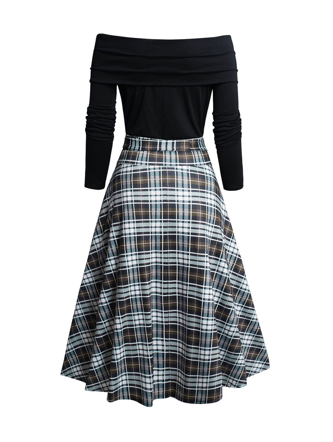 Plaid Print Off The Shoulder Self Belt Long Sleeve Dress