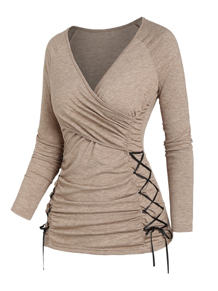 Lace Up Ruched V Neck Top