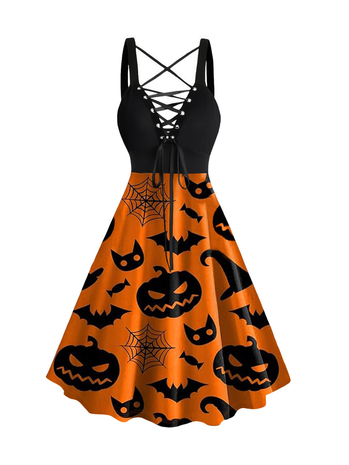 Halloween Pumpkin Face Spider Web Bat Hat Print Lace Up Dress