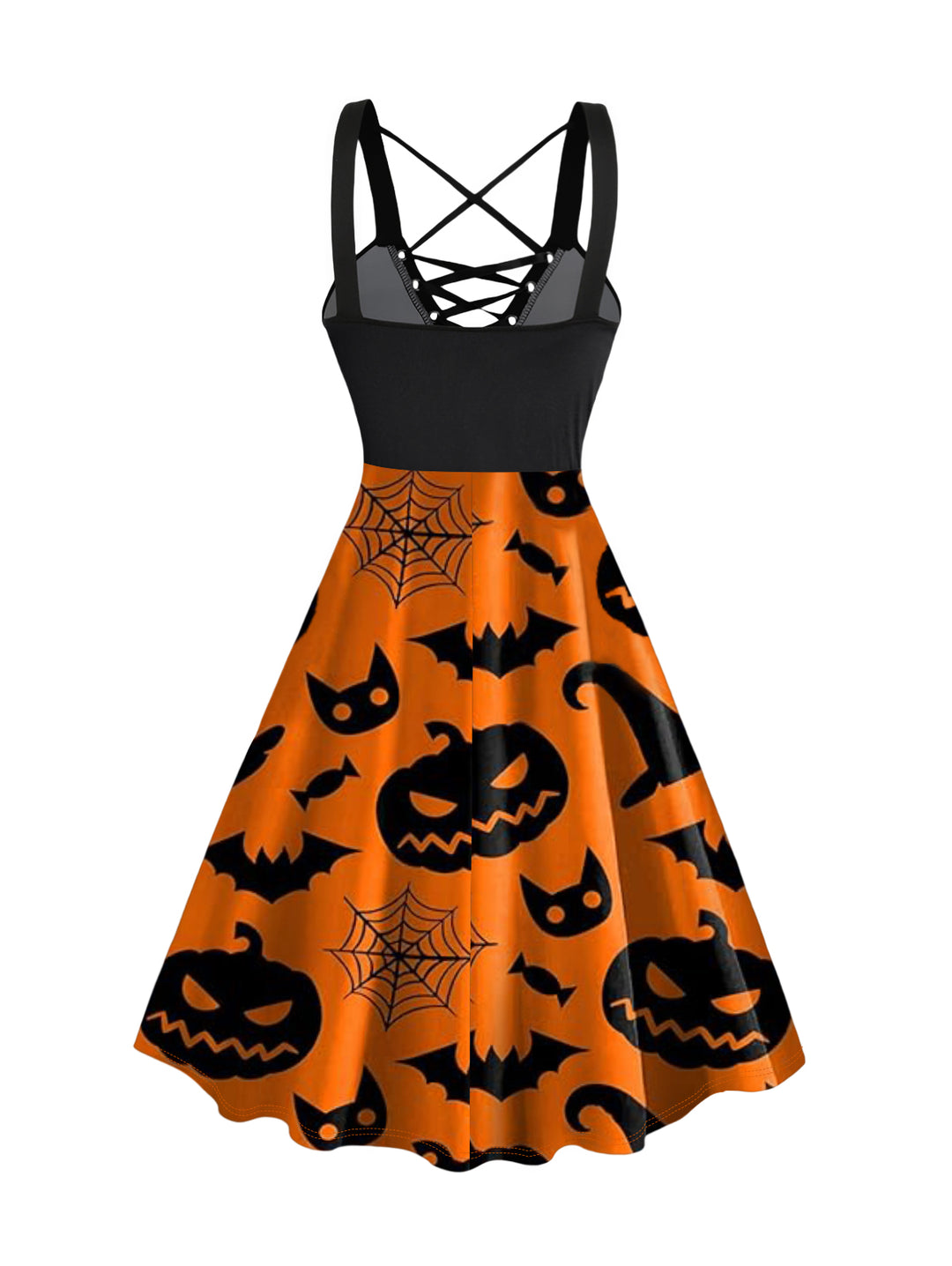 Halloween Pumpkin Face Spider Web Bat Hat Print Lace Up Dress