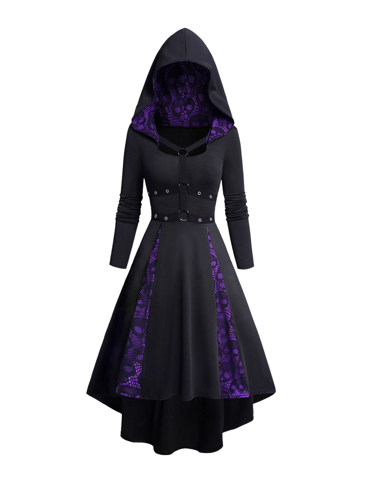 Skull Lace Patchwork Hooded Gothic High Low Dress