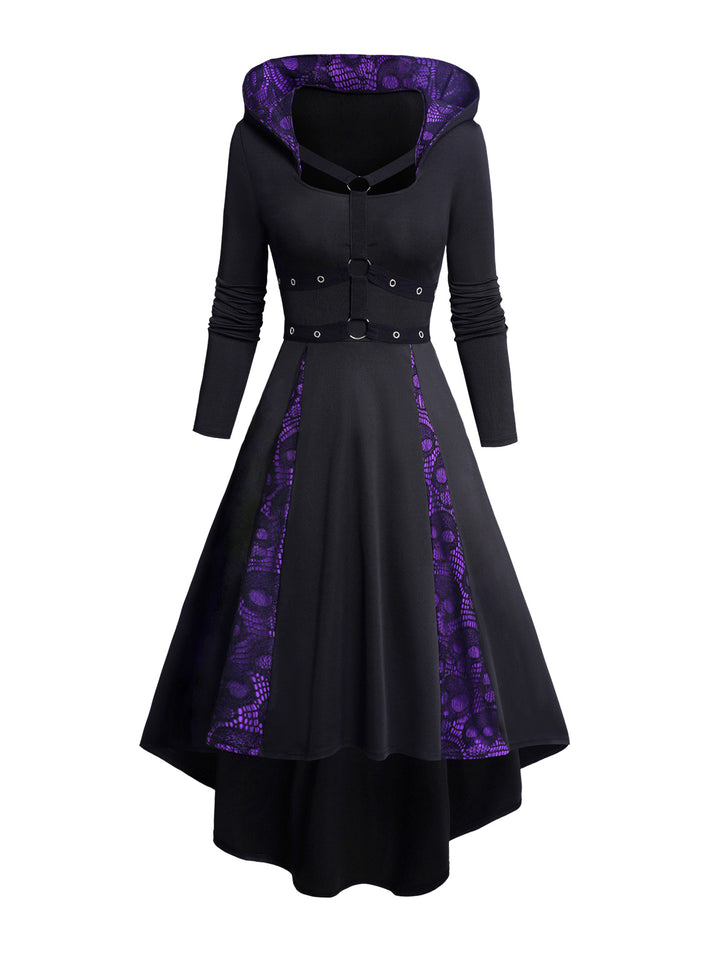 Skull Lace Patchwork Hooded Gothic High Low Dress