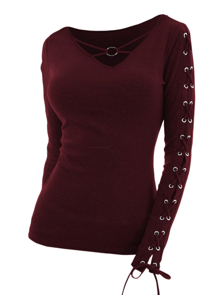 Solid V O Ring Neck Lace Up Long Sleeve Fit Top-RED