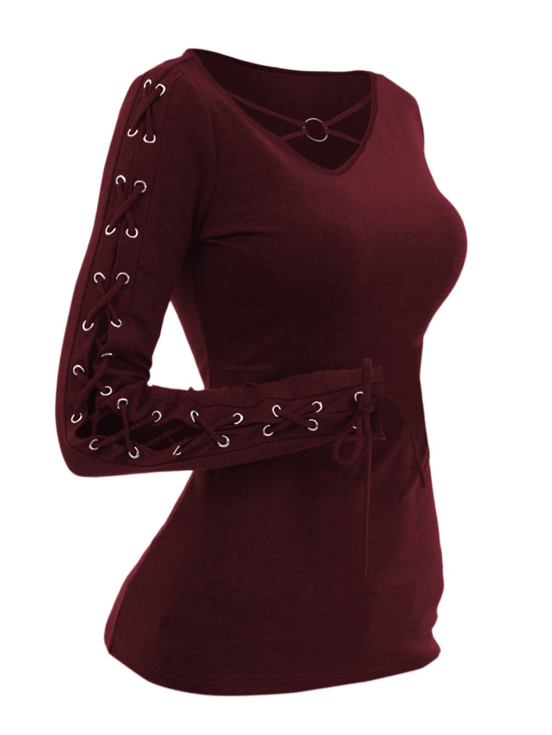 Solid V O Ring Neck Lace Up Long Sleeve Fit Top-RED