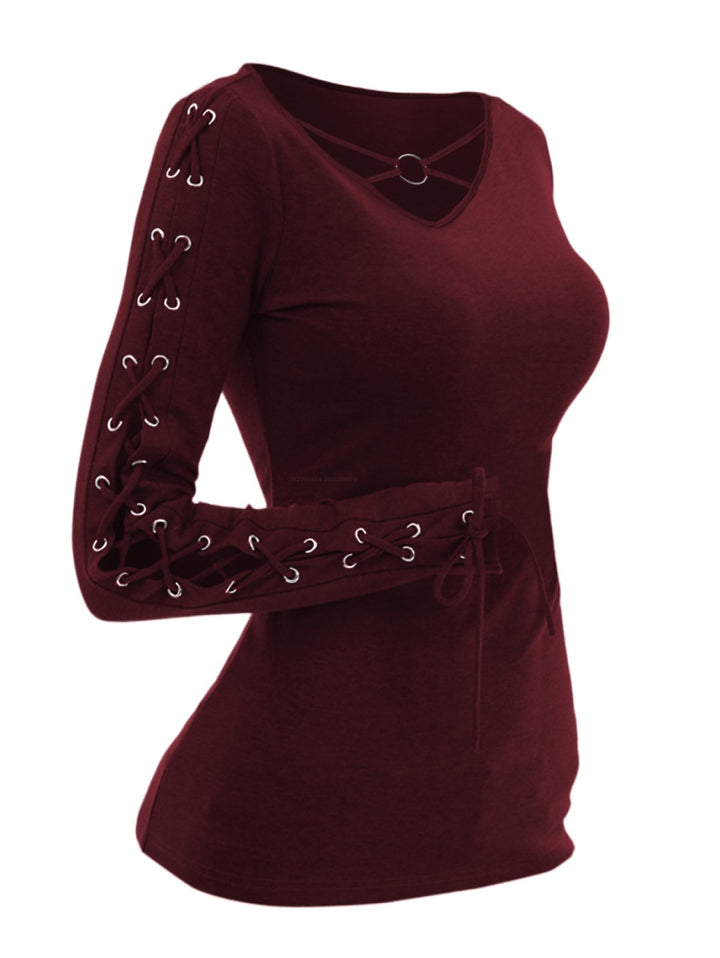 Solid V O Ring Neck Lace Up Long Sleeve Fit Top-RED