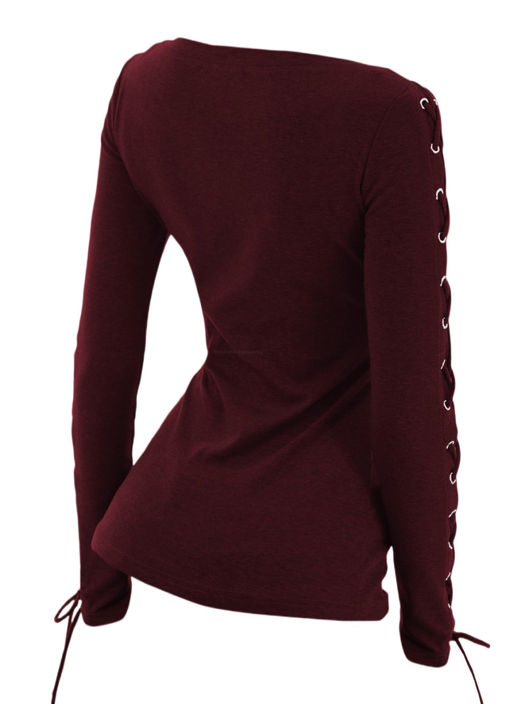Solid V O Ring Neck Lace Up Long Sleeve Fit Top-RED