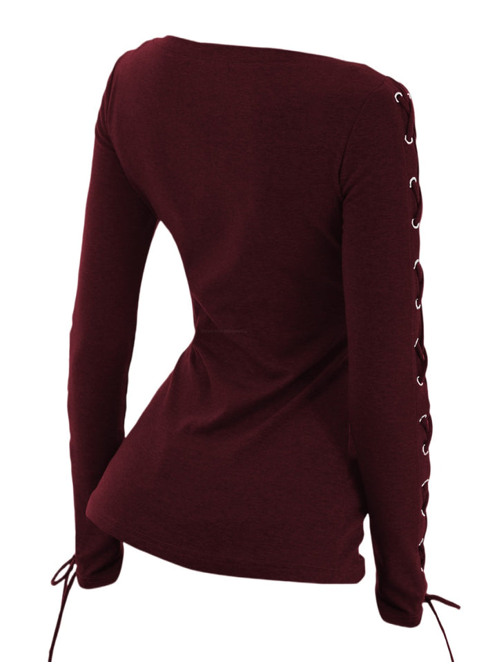 Solid V O Ring Neck Lace Up Long Sleeve Fit Top-RED