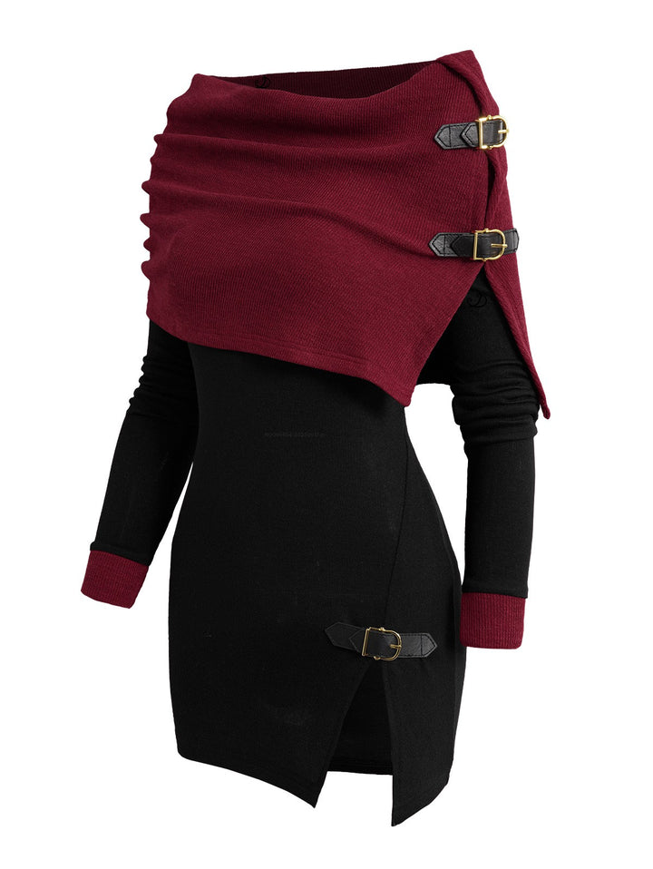 Open Shoulder Knit Foldover Long Sleeve Buckle Strap Long Top