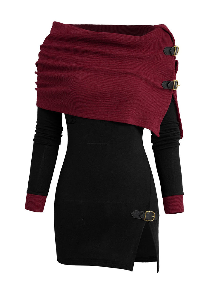Open Shoulder Knit Foldover Long Sleeve Buckle Strap Long Top