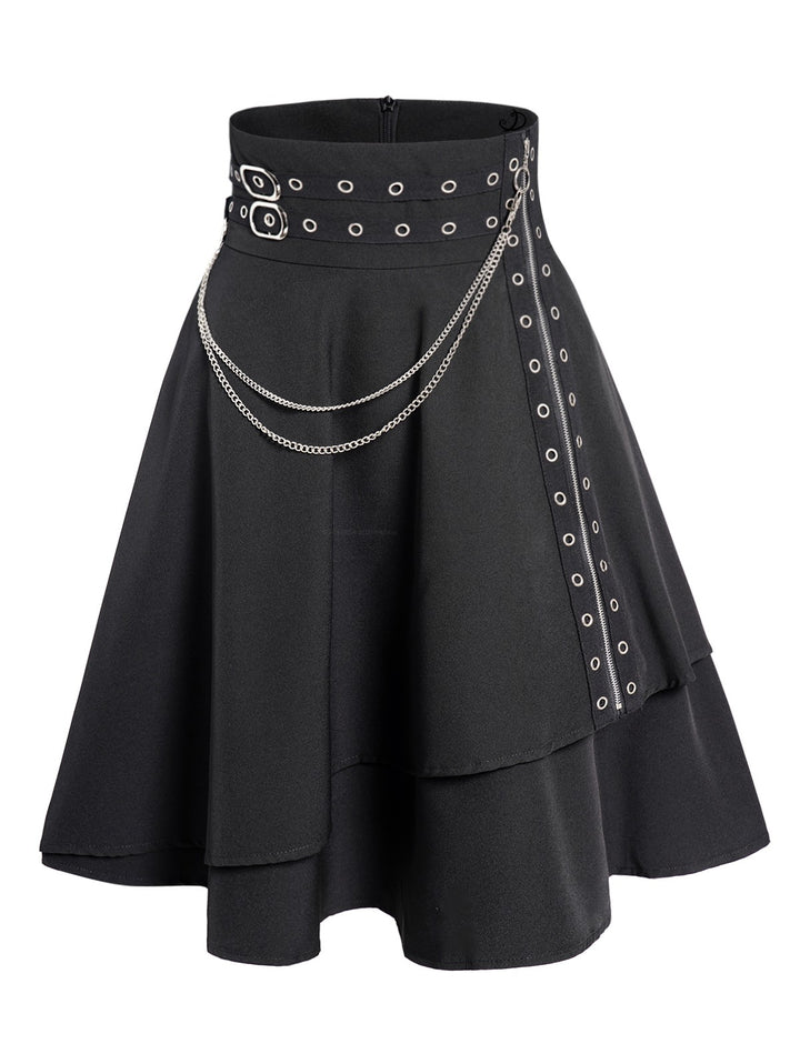 Gothic Grommet Chain Embellishment Zipper Fly Layered A Line Mini Skirt