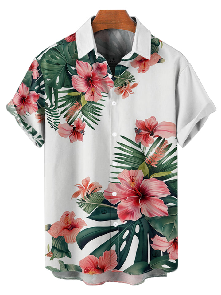Tropical Leaf Flower Print Short Sleeve Vacation Shirt