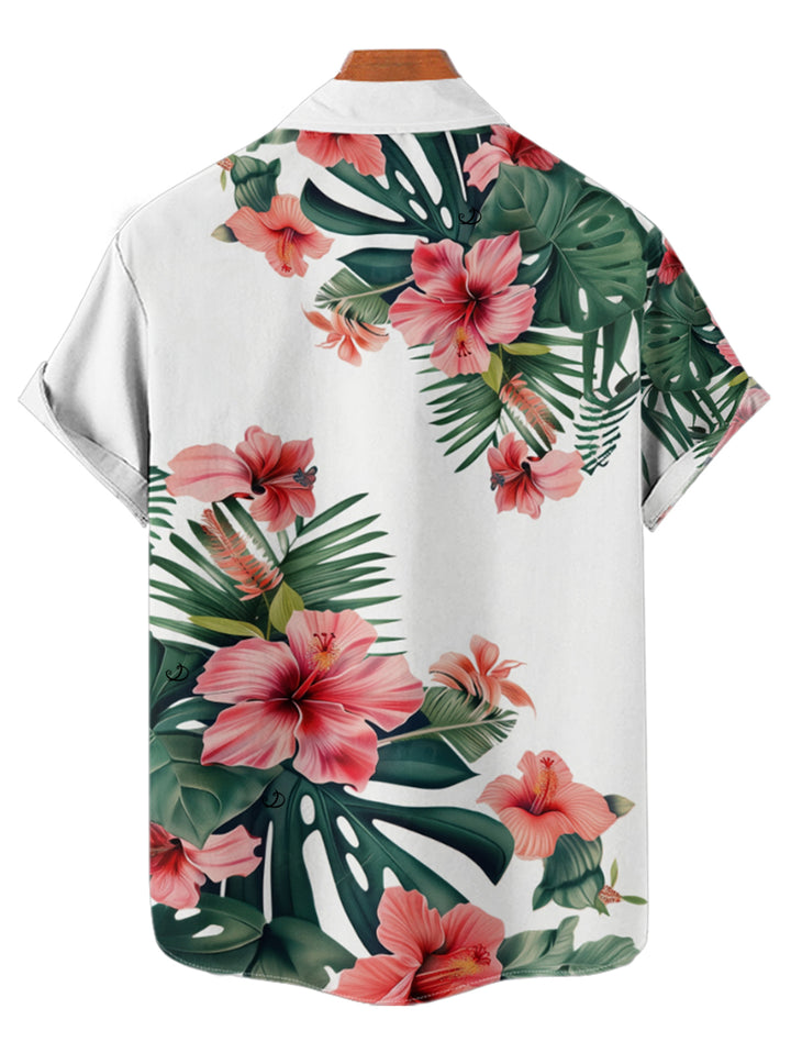 Tropical Leaf Flower Print Short Sleeve Vacation Shirt