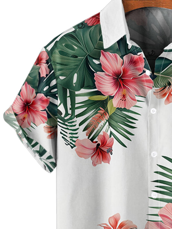 Tropical Leaf Flower Print Short Sleeve Vacation Shirt