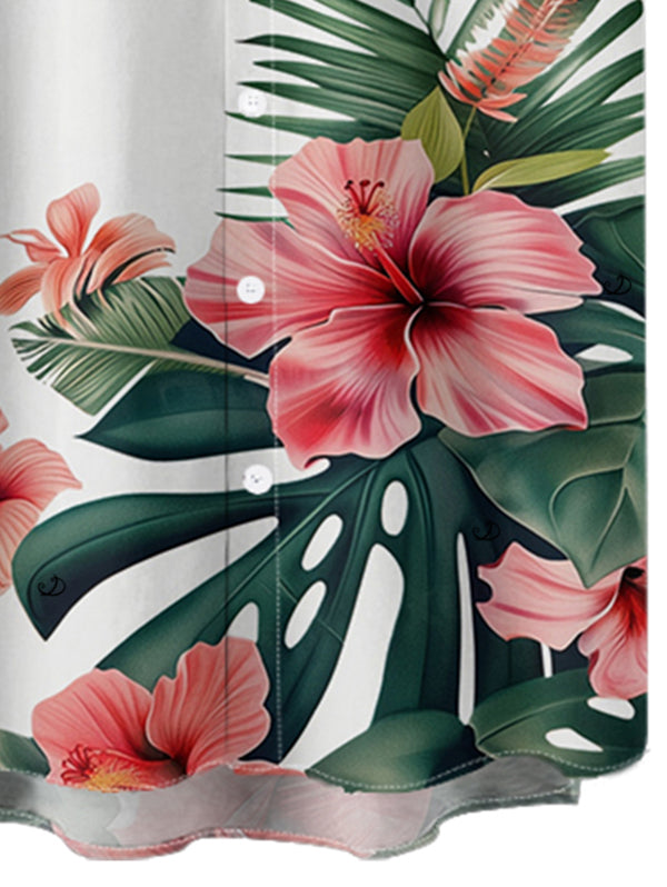 Tropical Leaf Flower Print Short Sleeve Vacation Shirt