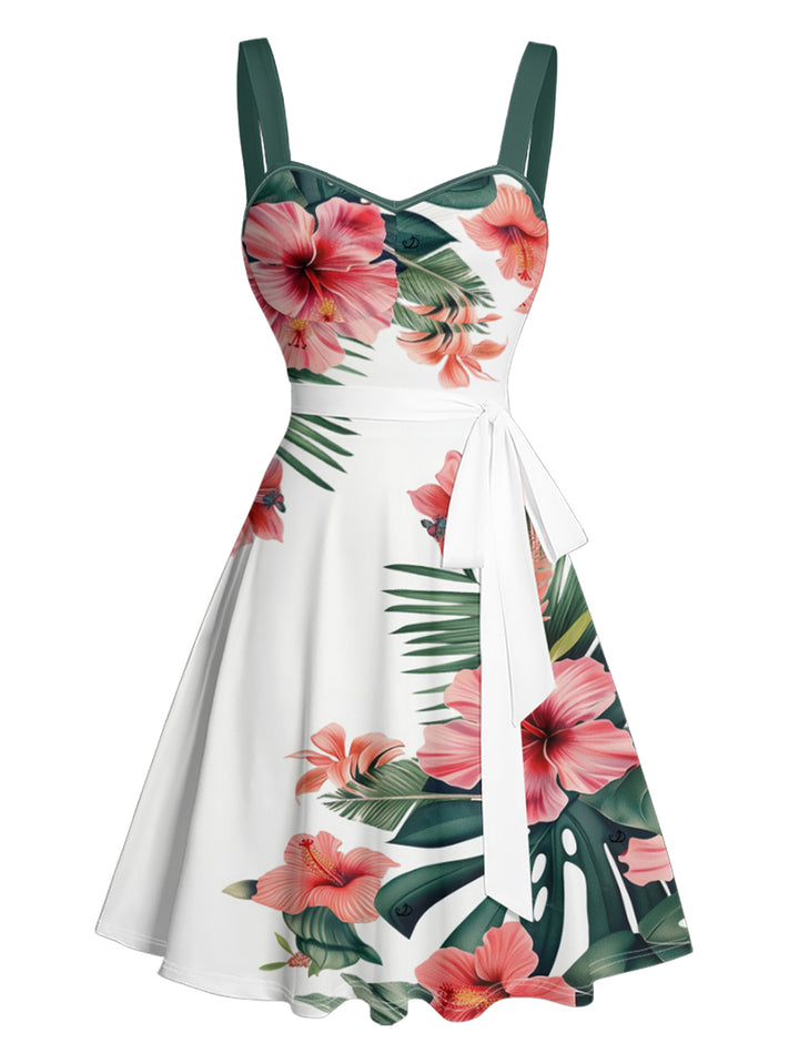 Tropical Flower Print Belted Mini Dress