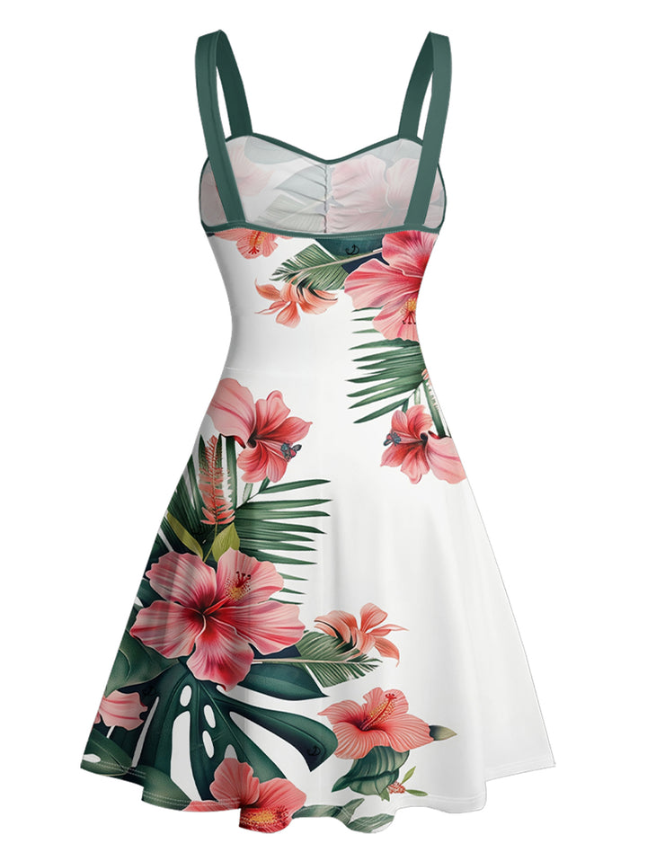 Tropical Flower Print Belted Mini Dress