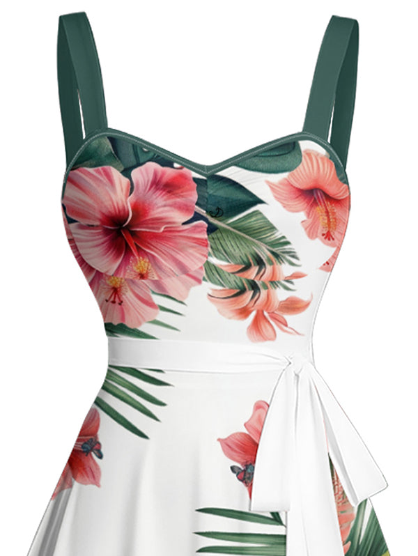 Tropical Flower Print Belted Mini Dress