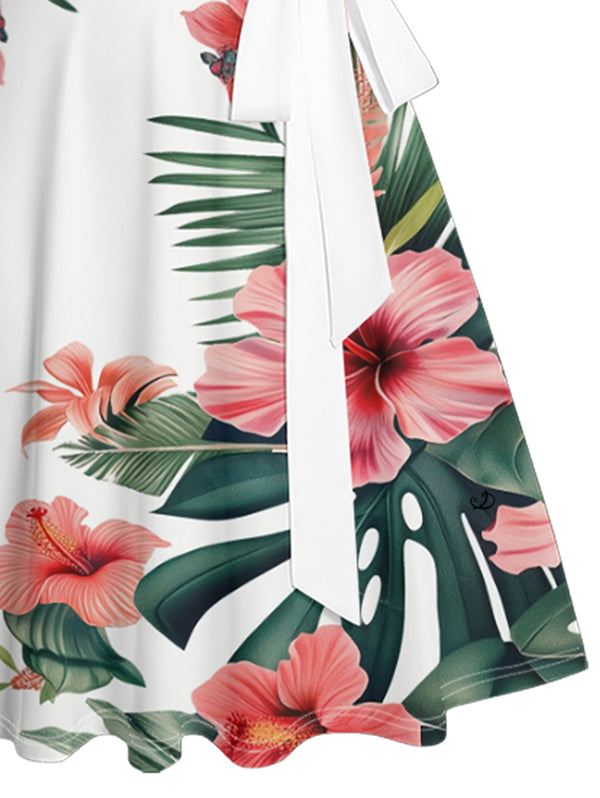 Tropical Flower Print Belted Mini Dress