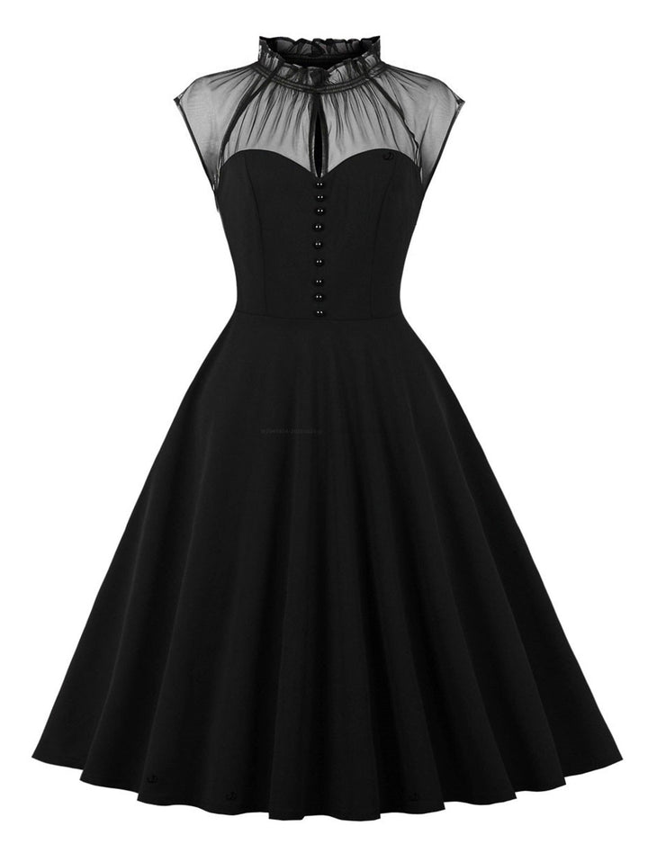 Gothic Sheer Mesh Ruffles Neck Mock Button Swing Hem Vintage Dress