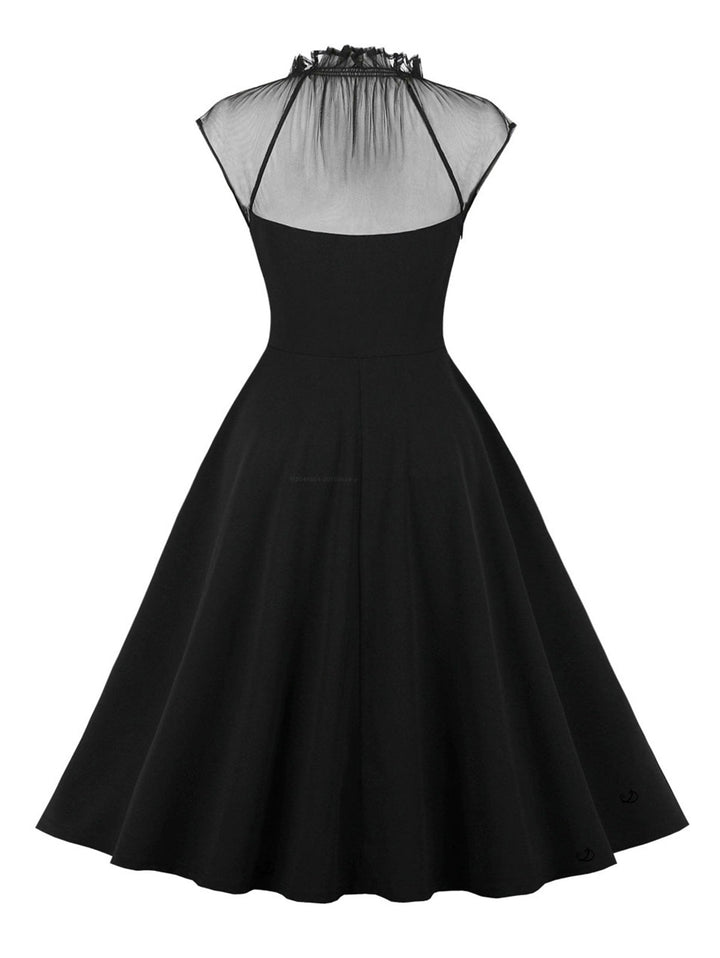 Gothic Sheer Mesh Ruffles Neck Mock Button Swing Hem Vintage Dress