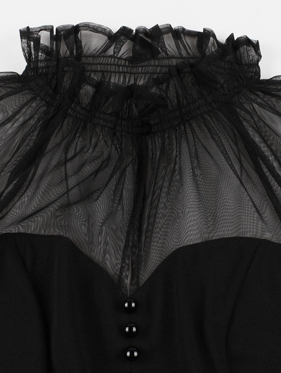 Gothic Sheer Mesh Ruffles Neck Mock Button Swing Hem Vintage Dress