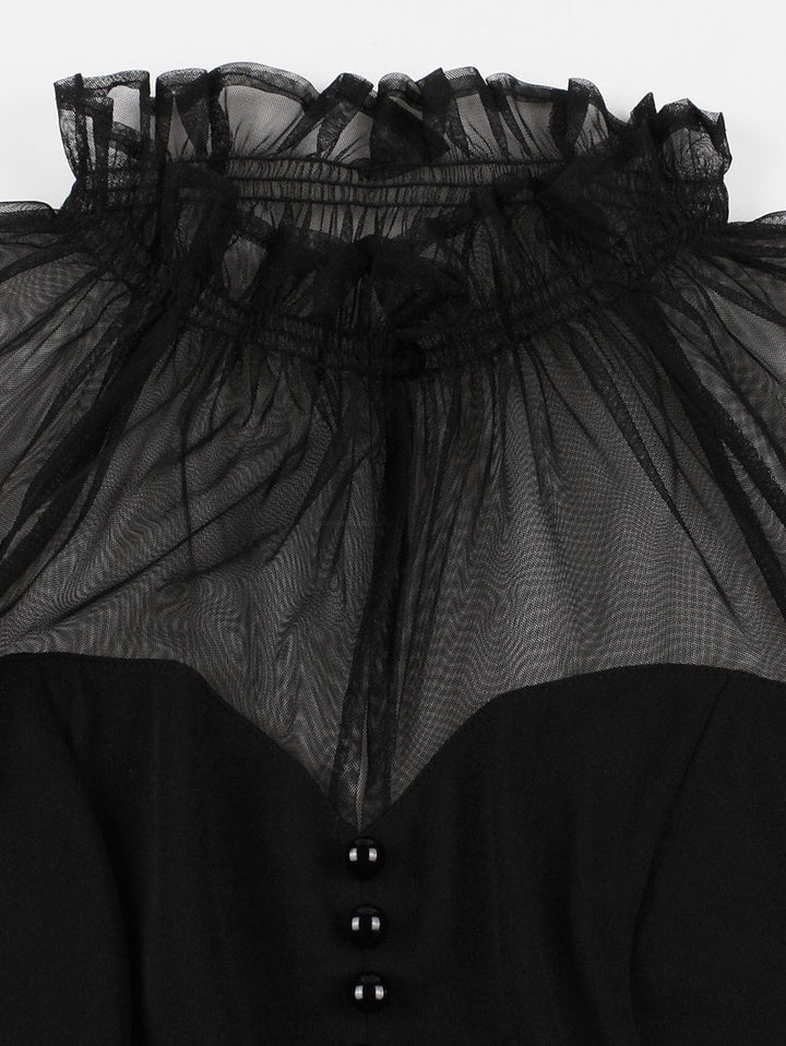 Gothic Sheer Mesh Ruffles Neck Mock Button Swing Hem Vintage Dress