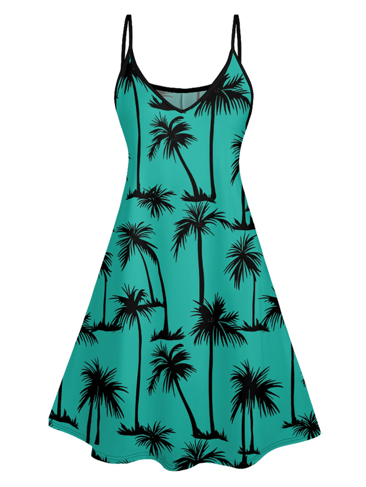 Palm Tree Print Vacation Spaghetti Strap V Neck Mini Dress