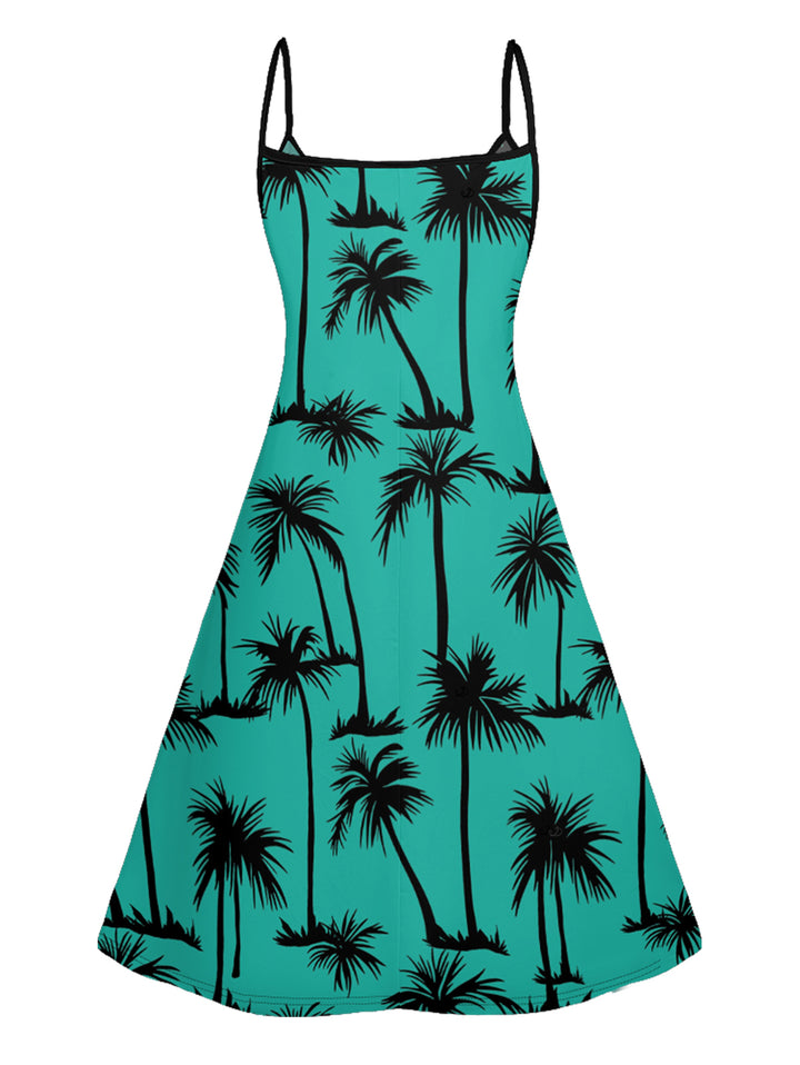 Palm Tree Print Vacation Spaghetti Strap V Neck Mini Dress