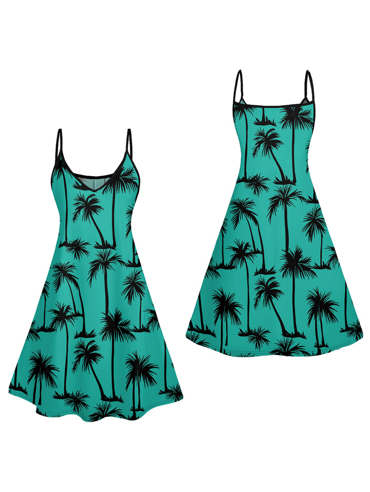 Palm Tree Print Vacation Spaghetti Strap V Neck Mini Dress