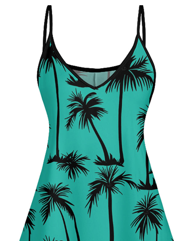 Palm Tree Print Vacation Spaghetti Strap V Neck Mini Dress