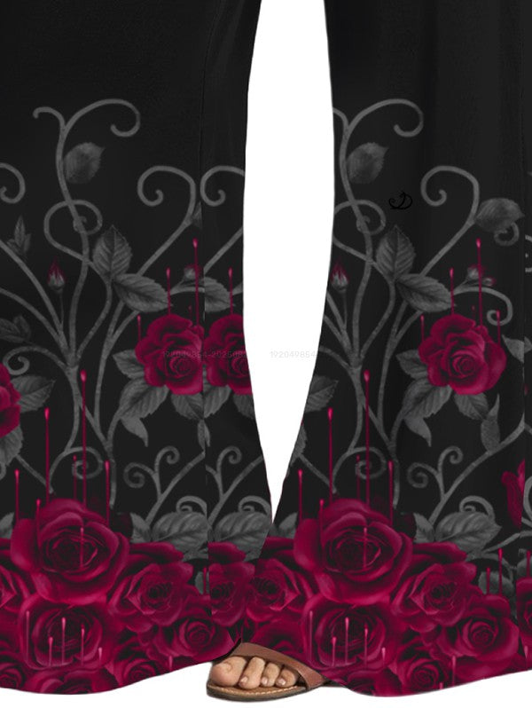 Floral Leaf Pattern Gothic  High Waisted Wide Leg Pants