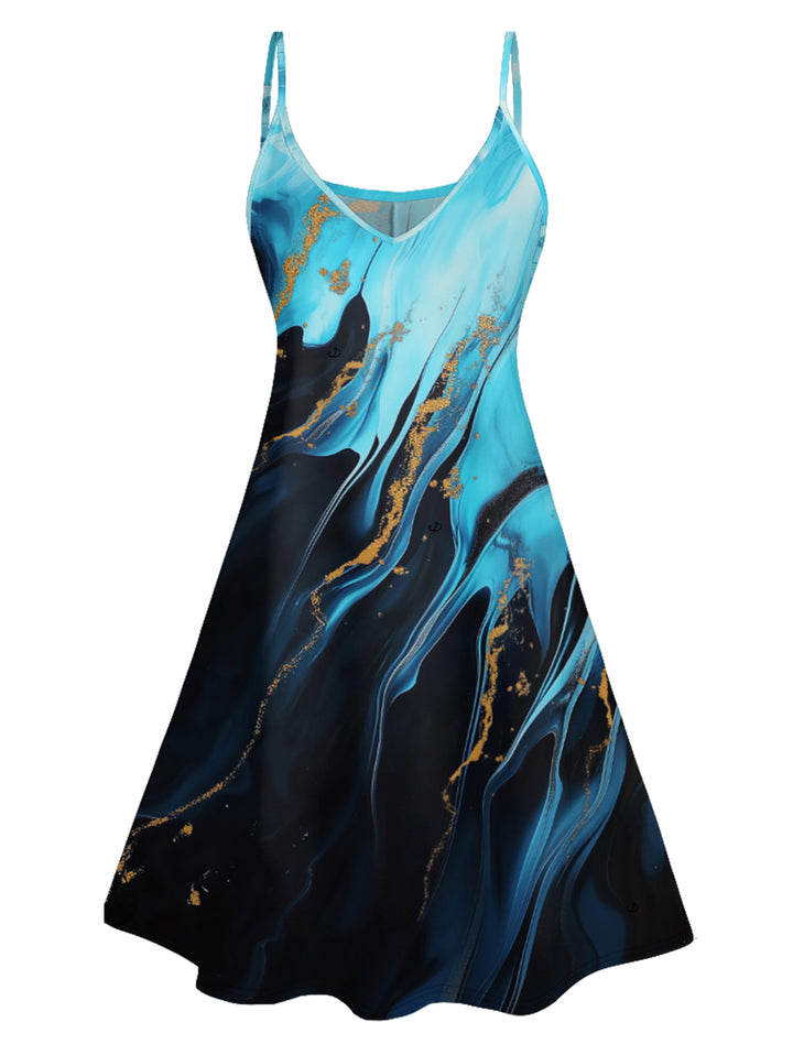 Printed Colorblock Spaghetti Strap V Neck A Line Mini Vacation Tank Dress