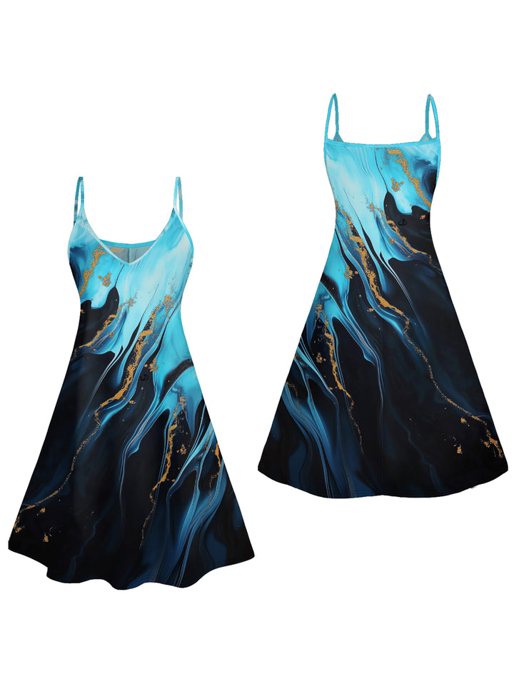 Printed Colorblock Spaghetti Strap V Neck A Line Mini Vacation Tank Dress