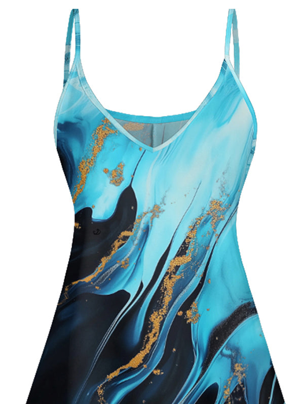 Printed Colorblock Spaghetti Strap V Neck A Line Mini Vacation Tank Dress