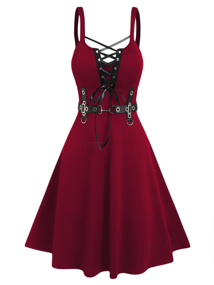 Punk Gothic Lace Up D-ring A Line High Waist Dress-RED