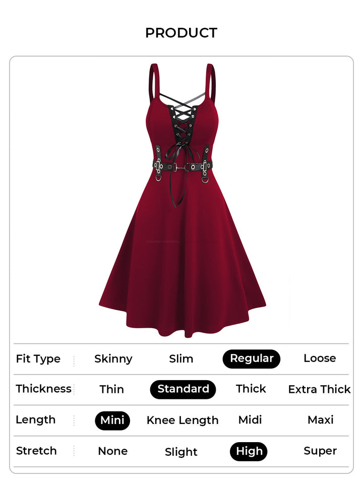 Punk Gothic Lace Up D-ring A Line High Waist Dress-RED