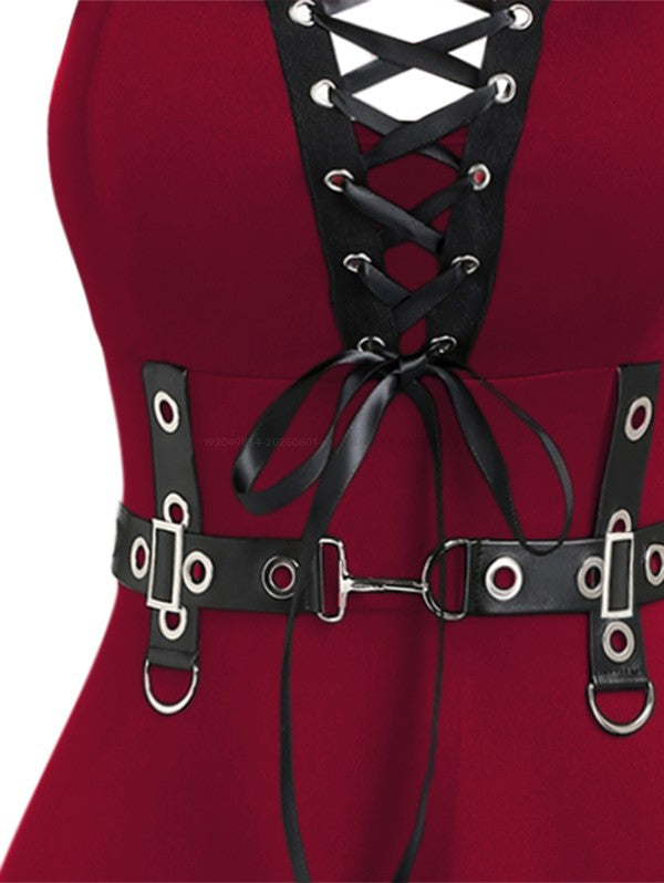 Punk Gothic Lace Up D-ring A Line High Waist Dress-RED