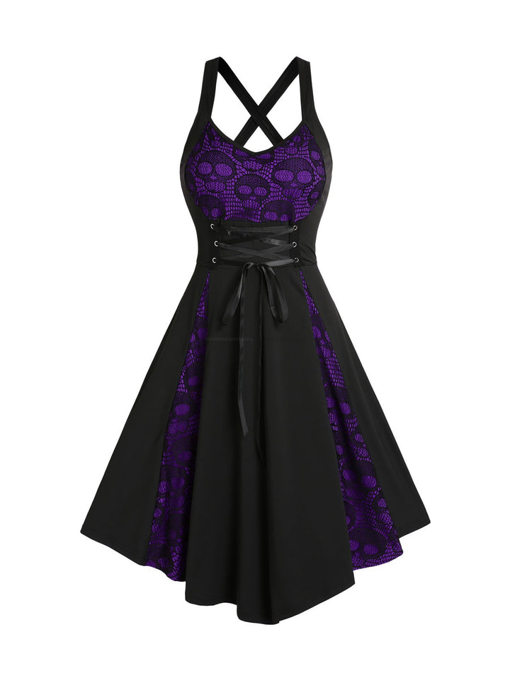 Gothic Dress Skull Lace Godet Dress Lace Up Cross Back A Line Dress
