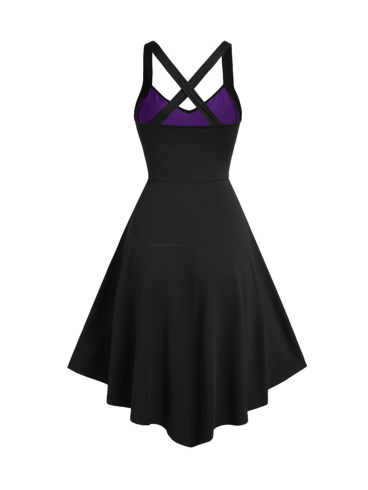 Gothic Dress Skull Lace Godet Dress Lace Up Cross Back A Line Dress