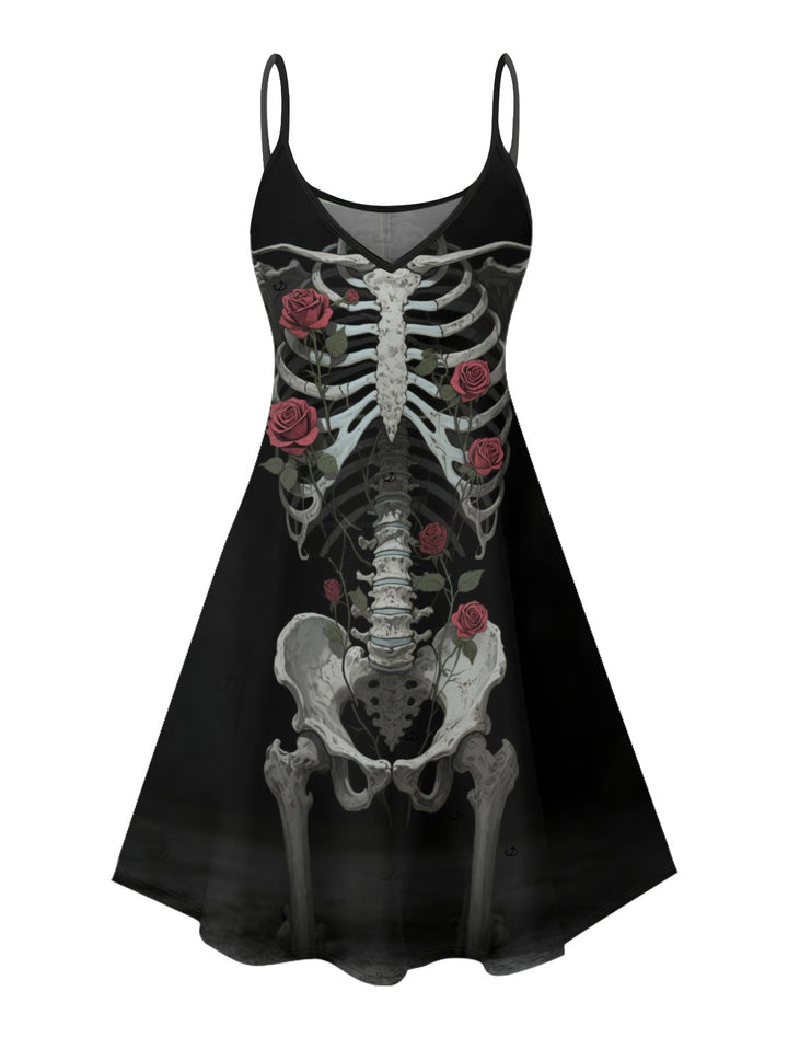 Gothic Skulls Rose Pattern V Neck A Line Mini Dress