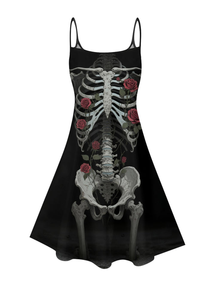 Gothic Skulls Rose Pattern V Neck A Line Mini Dress