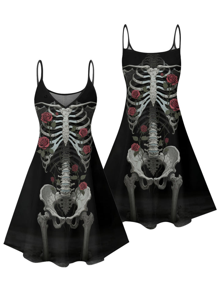 Gothic Skulls Rose Pattern V Neck A Line Mini Dress