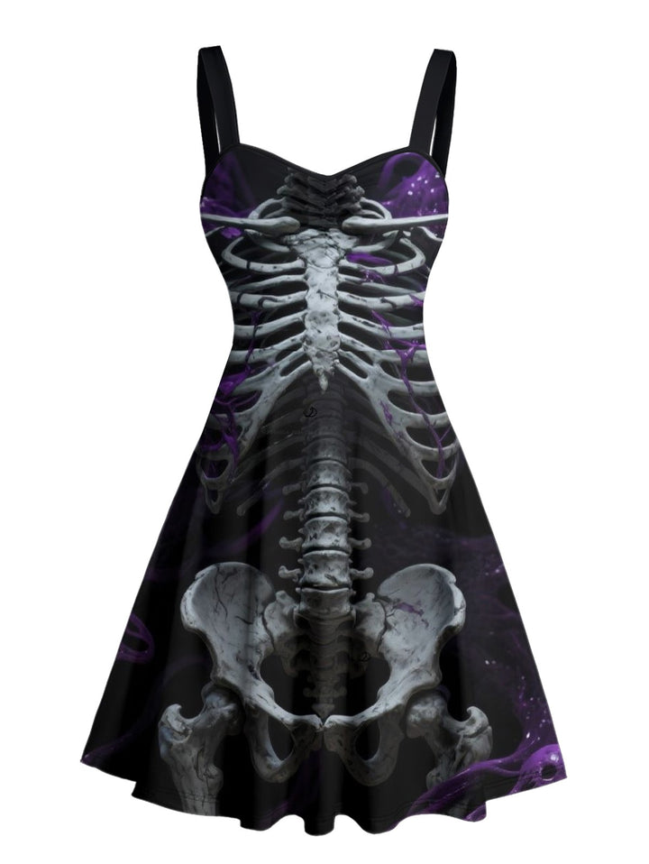 Gothic Skeleton Purple Rose Spaghetti Strap A Line Mini Dress