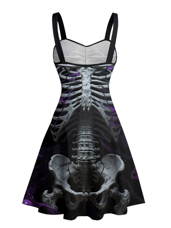 Gothic Skeleton Purple Rose Spaghetti Strap A Line Mini Dress