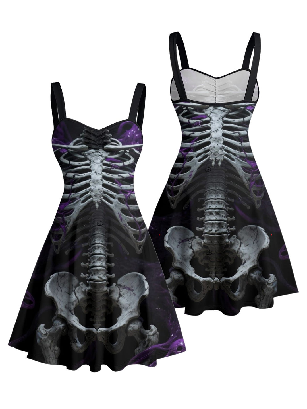 Gothic Skeleton Purple Rose Spaghetti Strap A Line Mini Dress